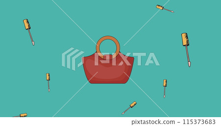 Image of makeup brushes over fashion bag on green background Image of makeup brushes over fashion bag on green background 115373683