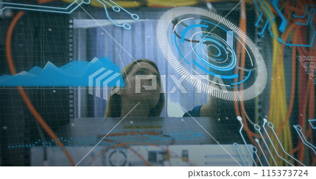 Image of data processing over caucasian female engineer connecting wires 115373724