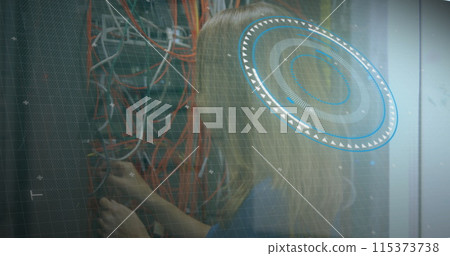 Image of data processing over caucasian female engineer connecting wires Image of data processing over caucasian female engineer connecting wires 115373738
