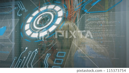 Image of data processing over caucasian female engineer connecting wires Image of data processing over caucasian female engineer connecting wires 115373754