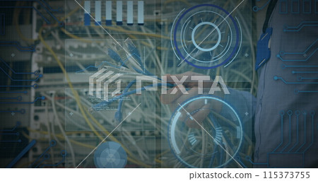 Image of data processing over hands of caucasian male engineer connecting wires Image of data processing over hands of caucasian male engineer connecting wires 115373755