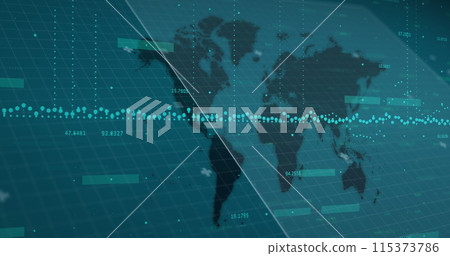 Image of financial graphs over world map on green background 115373786