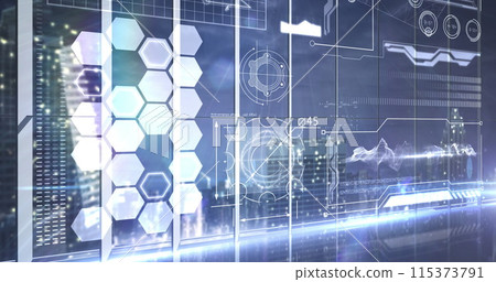 Image of data processing and hexagons over servers Image of data processing and hexagons over servers 115373791