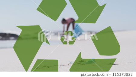 Image of recycling symbol over african american woman collecting waste on beach Image of recycling symbol over african american woman collecting waste on beach 115373822