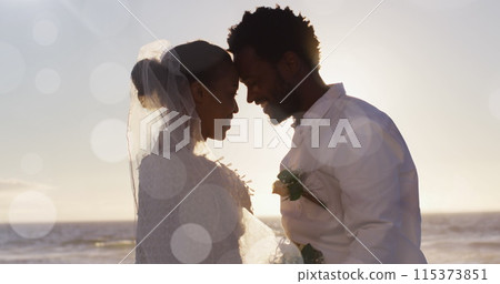 Image of dots over happy african american newly married couple on beach Image of dots over happy african american newly married couple on beach 115373851