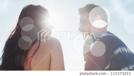 Image of dots over happy caucasian couple kissing on beach Image of dots over happy caucasian couple kissing on beach 115373853