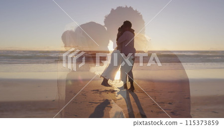 Image of married african american couple over african american couple at beach 115373859