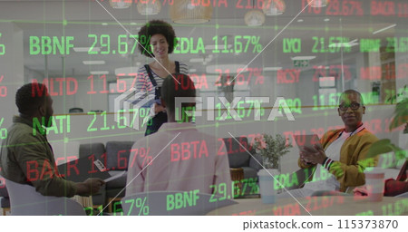 Image of financial data and graphs over diverse businesspeople in office 115373870
