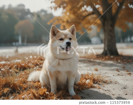 狗坐在秋天的公園裡 115373959