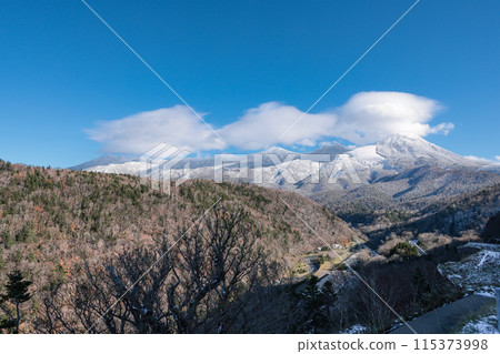 The Shiretoko mountain range and the Iwaobetsu River, lightly covered in snow in early winter The Shiretoko mountain range and the Iwaobetsu River, lightly covered in snow in early winter 115373998