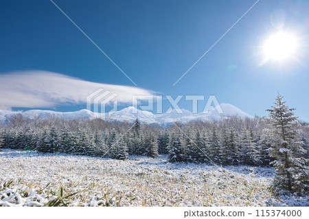 The Shiretoko mountain range is lightly covered in snow in early winter The Shiretoko mountain range is lightly covered in snow in early winter 115374000