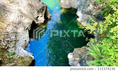 You can see a bright blue river that flows from a beautiful waterfall Englishman river falls park Parksville Qualicum Vancouver Island Canada 115374136