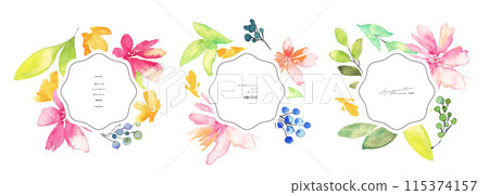 水彩。帶有水彩觸感的植物和花卉的向量插圖背景。水彩花明信片背景設置。 水彩。帶有水彩觸感的植物和花卉的向量插圖背景。水彩花明信片背景設置。 115374157