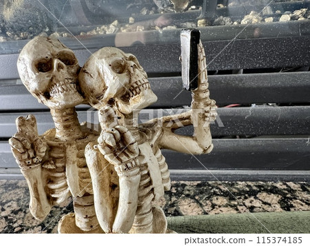 Halloween decorations joke Skeletons without legs take a selfie look at a mobile phone they smile with all their teeth and show two fingers up as if Victor place for text on background of fireplace Halloween decorations joke Skeletons without legs take a selfie look at a mobile phone they smile with all their teeth and show two fingers up as if Victor place for text on background of fireplace 115374185