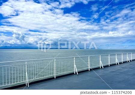 a journey across the Pacific Ocean on a liner, only the sea and water and the sky are visible, everything is blue, the horizon and a small part of the ship, rest on the water 115374200