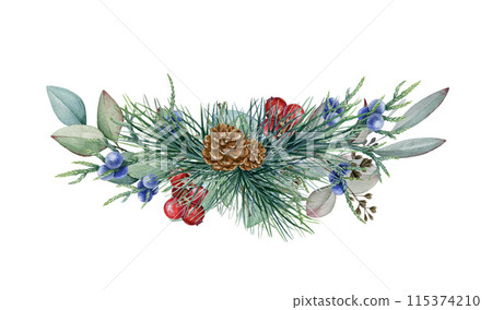 Winter season festive floral decor. Watercolor vintage style illustration. Painted conifer, eucalyptus, juniper, red berries natural element decoration. Winter floral decoration on white background Winter season festive floral decor. Watercolor vintage style illustration. Painted conifer, eucalyptus, juniper, red berries natural element decoration. Winter floral decoration on white background 115374210