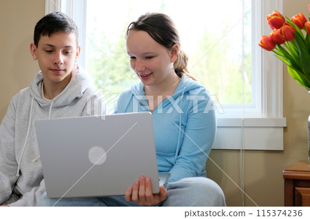 girl and boy teenagers doing homework or watching movies on laptop sitting on small sofa against window boy bit lip looking intently girl shows smiling at monitor screen real people life study girl and boy teenagers doing homework or watching movies on laptop sitting on small sofa against window boy bit lip looking intently girl shows smiling at monitor screen real people life study 115374236