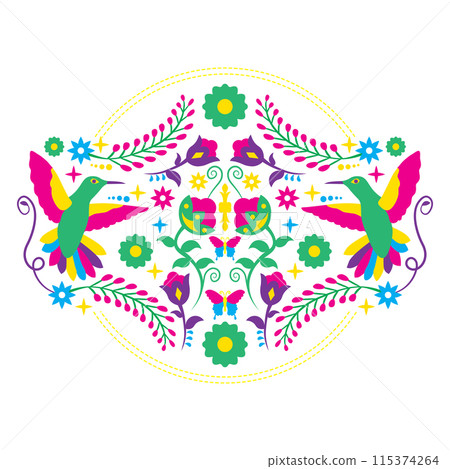 Traditional Mexican bird and flower embroidery vector illustration design 115374264