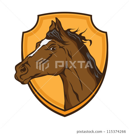 Horse head vector illustration with shield, good for Stable and Ranch logo  115374266