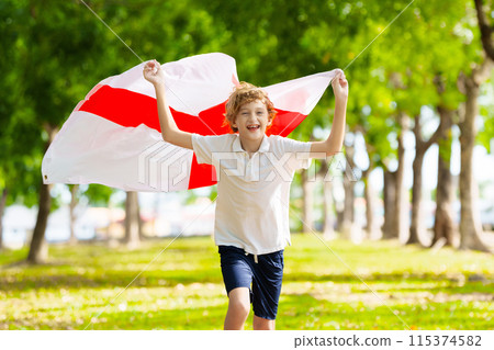 Child running with England flag. English supporter 115374582