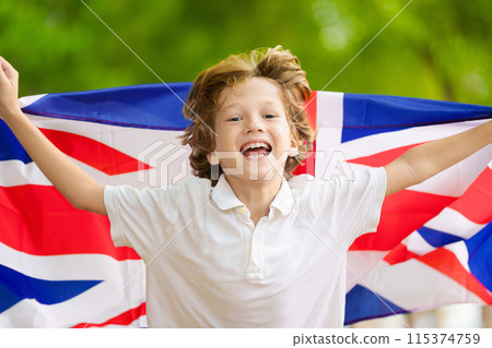 Child running with UK flag. Britain supporter 115374759