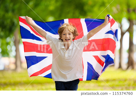 Child running with UK flag. Britain supporter Child running with UK flag. Britain supporter 115374760