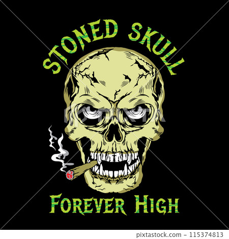 Stoned Skull face smoking joint vector illustration in hand drawn style 115374813