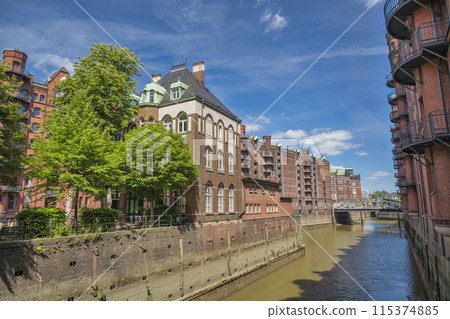 Hamburg Germany, city skyline at Speicherstadt and canal 115374885