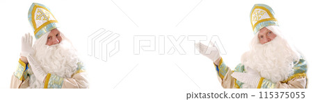 advertise with hands pointing at space for text banner with white background for advertising on bigballrd Sinterklaas portrait Dutch Santa Claus St Nicholas christmas new year advertise with hands pointing at space for text banner with white background for advertising on bigballrd Sinterklaas portrait Dutch Santa Claus St Nicholas christmas new year 115375055