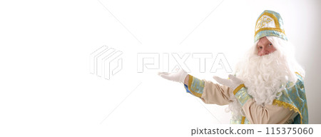 advertise with hands pointing at space for text banner with white background for advertising on bigballrd Sinterklaas portrait Dutch Santa Claus St Nicholas christmas new year advertise with hands pointing at space for text banner with white background for advertising on bigballrd Sinterklaas portrait Dutch Santa Claus St Nicholas christmas new year 115375060