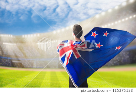 New Zealand team supporter on stadium. New Zealand team supporter on stadium. 115375158