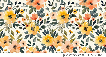 Seamless Watercolor Floral Pattern with Colorful Summer Flowers And Leaves in Yellow, Orange, Green 115376020