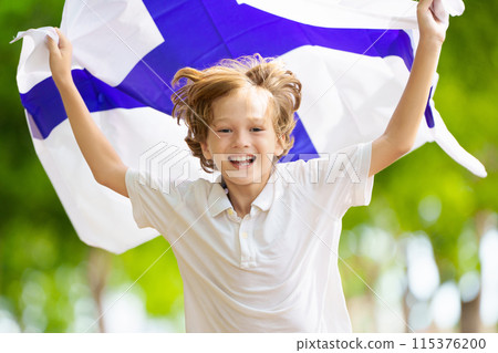 Child with Finland flag. Little Finnish fan 115376200