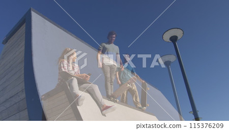 Composite image of tall building against group of friends skateboarding in the park Composite image of tall building against group of friends skateboarding in the park 115376209