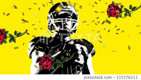 Confetti falling over male rugby player holding a ball against rose flower icon on yellow background Confetti falling over male rugby player holding a ball against rose flower icon on yellow background 115376211