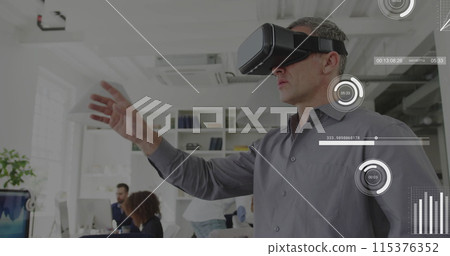 Image of data processing over caucasian businessman using vr headset Image of data processing over caucasian businessman using vr headset 115376352