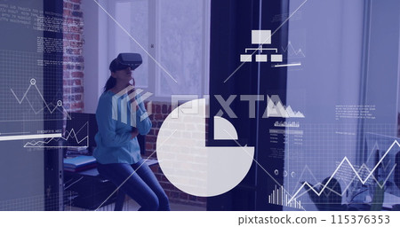Image of data processing over caucasian businesswoman using vr headset Image of data processing over caucasian businesswoman using vr headset 115376353