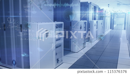 Image of data processing and mathematical equations against computer server room 115376376