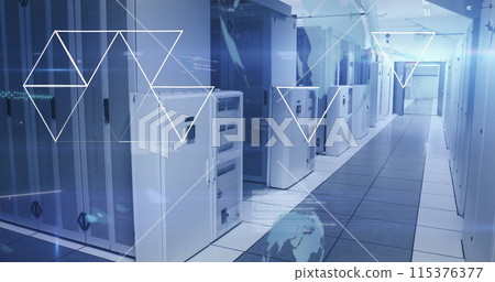 Image of data processing and geometrical shapes against computer server room Image of data processing and geometrical shapes against computer server room 115376377