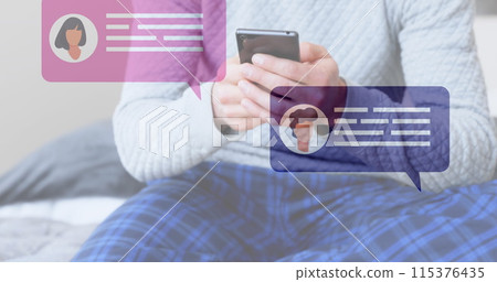 Image of social media icons with speech bubbles over caucasian man using smartphone 115376435