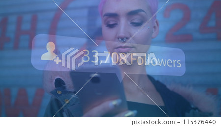 Image of social media icon with growing number over biracial woman using smartphone Image of social media icon with growing number over biracial woman using smartphone 115376440