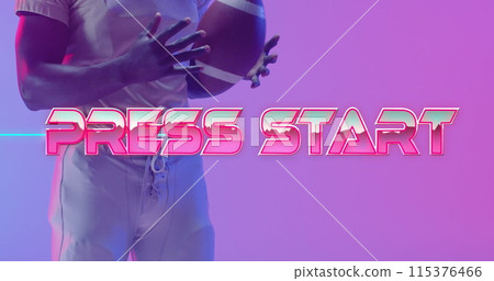Image of press start text and neon shapes over american football player on neon background Image of press start text and neon shapes over american football player on neon background 115376466