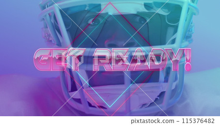 Image of get ready text and neon shapes over american football player on neon background 115376482