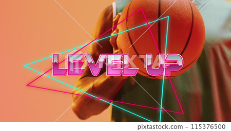 Image of level up text and neon lines over basketball player on neon background 115376500