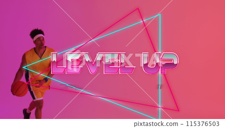 Image of level up text and neon lines over basketball player on neon background Image of level up text and neon lines over basketball player on neon background 115376503