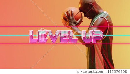 Image of level up text over basketball player on neon background Image of level up text over basketball player on neon background 115376508