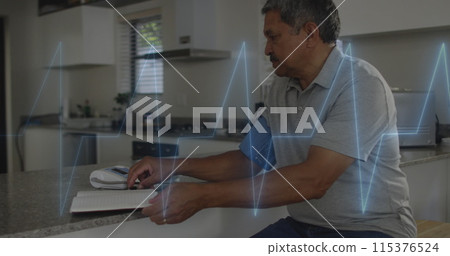 Image of cardiogram over senior biracial man measuring blood pressure Image of cardiogram over senior biracial man measuring blood pressure 115376524