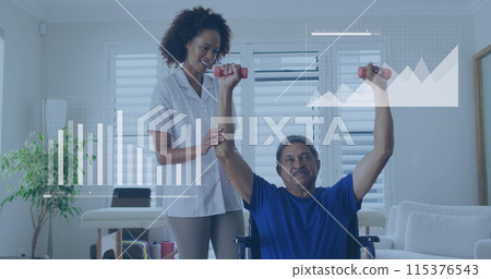 Image of data processing over diverse doctor and patient exercising 115376543