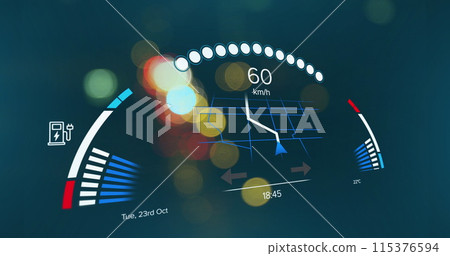 Image of car speedometer data processing over city streets 115376594