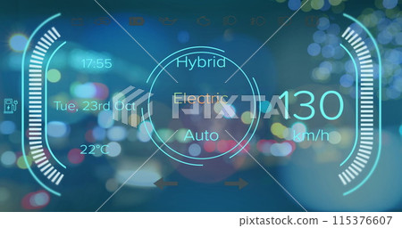 Image of electric car speedometer data processing over city Image of electric car speedometer data processing over city 115376607